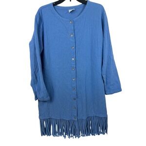 Women's CMC Color Me Cotton Blue Fringe Hem Long Jacket Duster Topper‎ M/L USA